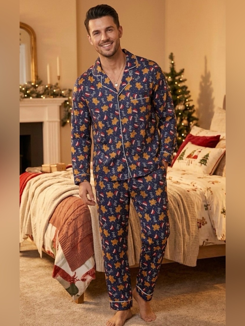 Men's Navy Gingerbread Print Holiday Pajama Set